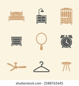 Bedroom Decor Icons Set. Editable vector icon. Perfect for web and app interfaces, presentations, info graphics, etc. in a Beige and Gray Color Scheme.
