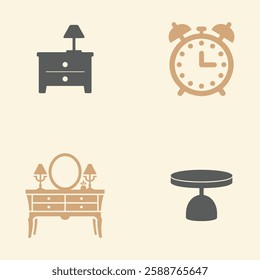 Bedroom Decor Icons Set. Editable vector icon. Perfect for web and app interfaces, presentations, info graphics, etc. in a Beige and Gray Color Scheme.
