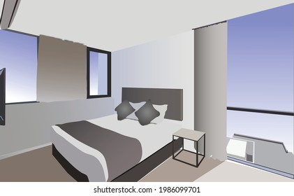 The bedroom decor is simple with a bed in the corner and a small table. Minimalist living room on the top floor