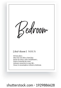 Bedroom definition, vector. Minimalist poster design. Wall decals, bedroom noun description. Wording Design isolated on white background, lettering. Wall art artwork. Modern poster design