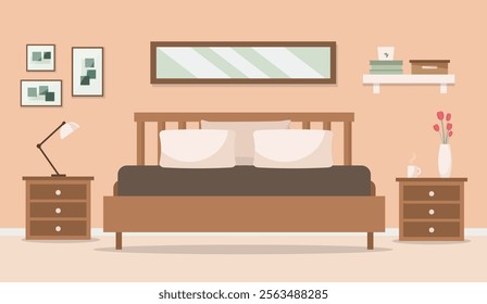 Bedroom design concept in flat style. Bedroom interior with accessories. Vector stock