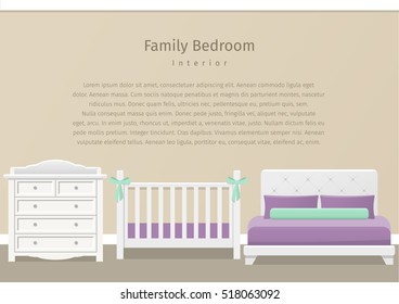 Bedroom design in flat style. Family room interior for newborn baby and parents with white furniture. Vector illustration. Background