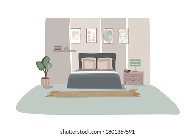 Bedroom design. Front view of modern sleeping room with furniture. Cosy home interior. Apartment stylish decoration 