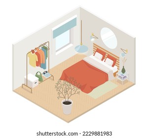 Bedroom design - modern vector colorful isometric illustration. A bed with pillows and a blanket, mirror, a shelf for clothes - T-shirts, pants and accessories. Home design and house decor idea
