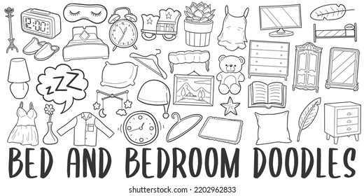 Bedroom Doodle Banner Icon. Sleeping Vector Illustration Hand Drawn Art. Line Symbols Sketch Background.