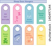 Bedroom Door Hanger Sleep Signs, pastel colors: Do Not Disturb, ZZZs, Sweet Dreams, Beauty Sleep, Mask, Teddy Bear Only, Snore: Sawing logs, Room Service, Milk, Cookie, SHHH... EPS8 compatible.