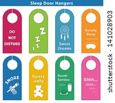 Bedroom Door Hanger Sleep Signs: bright colors: Do Not Disturb, ZZZs, Sweet Dreams, Beauty Sleep, Mask, Teddy Bear Only, Snore, Sawing logs, Room Service, Milk, Cookie, SHHH... EPS8 compatible.