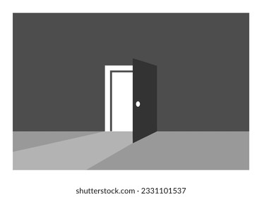 The bedroom door opens and emits light. house room. vector background, illustration, black white. suitable for backgrounds, wall hangings, posters, screen printing.