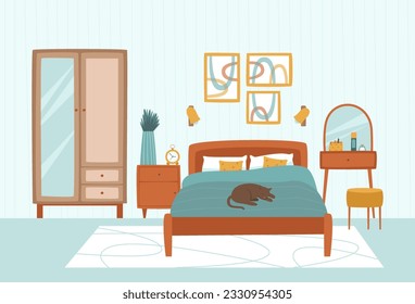 Bedroom with double bed, wardrobe and dressing table. Paintings, flower and carpet decorate the bedroom. The cat is resting on the bed. Flat vector illustration.