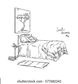 bedroom drawing, interior design. Vector illustration.