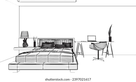 dibujos de dormitorio de estilo moderno, renderización 3d