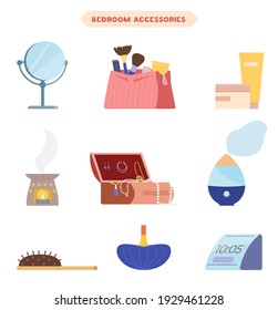 Bedroom Or Dressing Room Accessories Flat Vector Illustrations Set. Mirror, Cosmetic Bag With Make Up Brushes, Creams, Aroma Lamp, Jewelry Box, Humidifier, Hair Brush, Perfume Bottle, Alarm Clock.