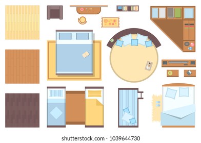 Bedroom elements - set of modern vector objects isolated on white background for creating your own images. Top view position of different types of beds, shelves, desk, carpet, chairs, floor