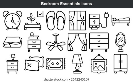 Bedroom Essentials Black Line Icons Set