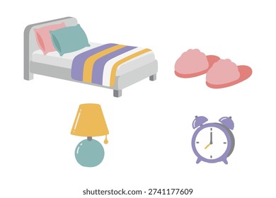 Bedroom Essentials Set for Sleep Routine with Bed, Slippers, Lamp, and Alarm Clock