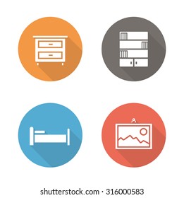 Bedroom flat design icons set. Interior decor long shadow silhouettes. House indoor furnishing symbols. Wall painting and bookcase round color pictograms. Room furniture  vector infographics elements 