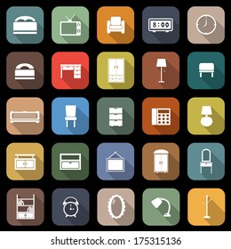 Bedroom flat icons with long shadow, stock vector