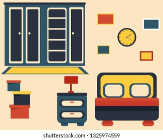 Bedroom in flat style. Set of bed, wardrobe, bedside table, lamp, boxes, paintings and clocks.