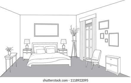 Bedroom furniture. Bed room view. Modern interior outline blueprint