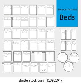 Bedroom furniture. Beds. Top View. Vector icons