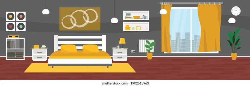 Bedroom with furniture and big window. Flat style vector illustration. Cozy interior. Hotel room.