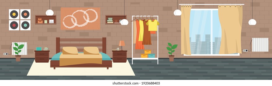 Bedroom with furniture and big window. Flat style vector illustration. Cozy interior. Hotel room.