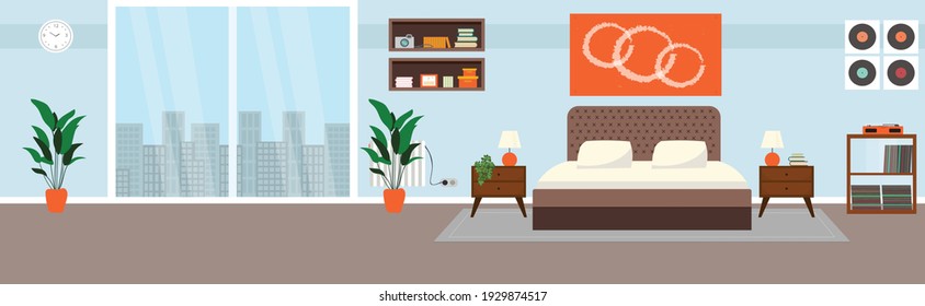 Bedroom with furniture and big window. Flat style vector illustration. Cozy interior. Hotel room.