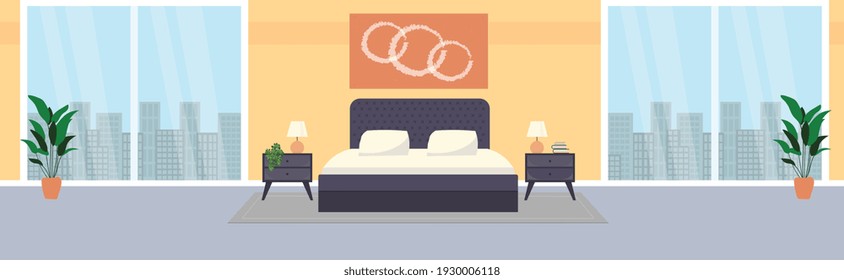 Bedroom with furniture and big window. Flat style vector illustration. Cozy interior. Hotel room.