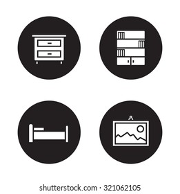 Bedroom furniture black icons set. Bedside table and wall picture in frame. Living room interior decor items. Classic bookcase and bed white silhouette illustration. Vector infographics elements
