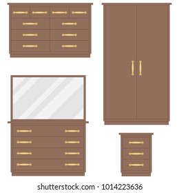 Bedroom furniture. Chest of drawers, wardrobe, dressing table, bedside table. Flat design, vector illustration, vector.