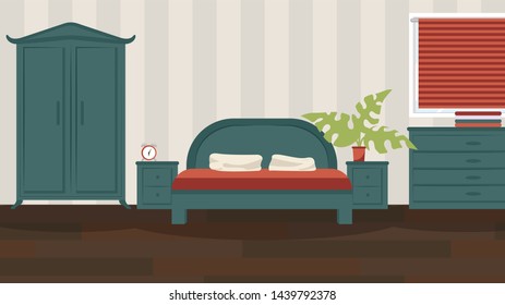 Bedroom with furniture. Colorful Flat style interior vector illustration of hotel apartment furniture: bed, bedside table, wardrobe, house plant Concept for web site design or advertisement.