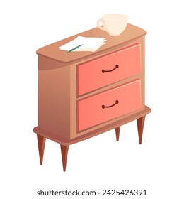 Bedroom furniture of colorful set. This illustration portrays a vibrant chest with a charming cartoon design, adding a splash of color and personality to bedroom decor. Vector illustration.