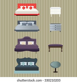 Bedroom furniture design concept set with modern home interior elements, vector illustration.