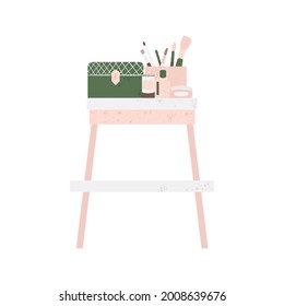 Bedroom Furniture - Dressing Table With Cosmetics In Flat Cartoon Style. Cute Vanity Table In Scandinavian Style. Vector Illustration Isolated On White Background.