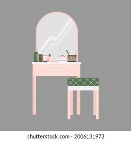 Bedroom Furniture - Dressing Table With Mirror And Cosmetics In Flat Cartoon Style. Cute Vanity Table In Scandinavian Style. Vector Illustration Isolated On White Background.
