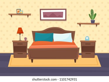 Bedroom with furniture. Flat cartoon style vector illustration.