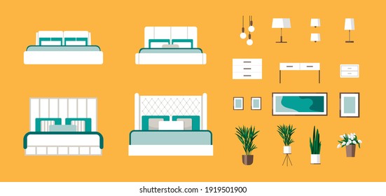 Bedroom furniture flat icons set with bed, lamp, chandelier, armchair, mirror isolated vector illustration. Set up your own bedroom. Suitable for hotel, interior design and furniture store