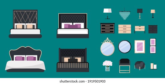 Bedroom furniture flat icons set with bed, lamp, chandelier, armchair, mirror isolated vector illustration. Set up your own bedroom. Suitable for hotel, interior design and furniture store