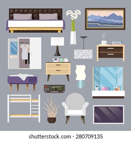 Bedroom Furniture Flat Icons Set With Bed Lamp Armchair Isolated Vector Illustration