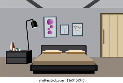 Bedroom with furniture. Flat style vector illustration.