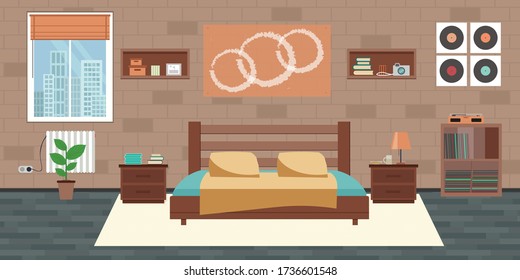 Bedroom with furniture. Flat style vector illustration. Cozy interior. Hotel room.
