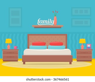 Bedroom with furniture. Flat style vector illustration.