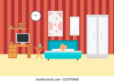 Bedroom with furniture. Flat style vector illustration. 