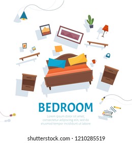 Bedroom Furniture Hovering On White Background. Floating Interior. Flat Cartoon Style Vector Illustration.