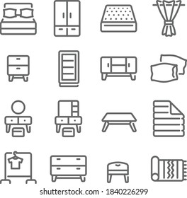 Bedroom furniture icon illustration vector set. Contains such icon as Bed, Mattress, Blanket, Carpet, Dressing table, clothes line, and more. Expanded Stroke