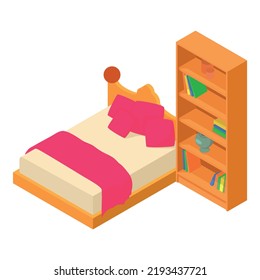 Bedroom furniture icon isometric vector. New wooden double bed and bookcase icon. Sleeping place, bedchamber, modern interior