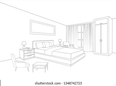 Bedroom furniture interior. Room line sketch drawing. Home Indoor design. Perspective of a interior space