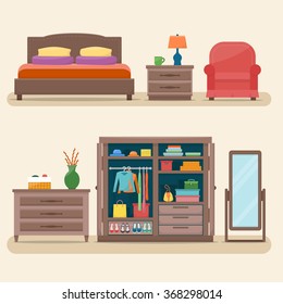 Bedroom with furniture interior set. Comfortable cozy bedroom with bed, lamp, wardrobe with clothes, table, mirror and chair. Flat style vector illustration. 