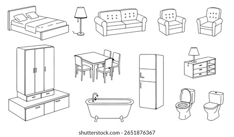 Um conjunto de ícone de linha de móveis de quarto. Uma coleção simples de símbolos de decoração e interiores minimalistas para web e projetos de design de impressão.