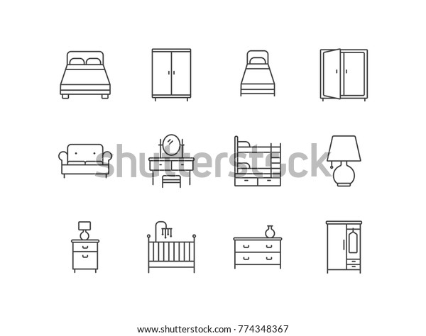 Bedroom furniture\
line icons set with double bed, wardrobe, sofa, dressing table,\
lamp, nightstand, baby\
crib.